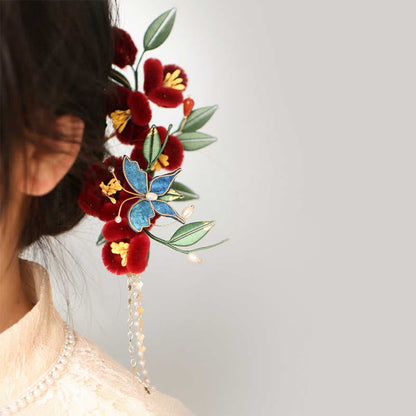 Buddhist Blessing Classical Chinese Style Red Flower Blue Butterfly Hairpin Hair Clip Hair Comb Barrette