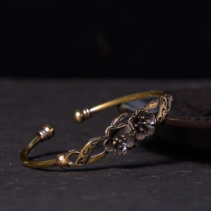 Buddhist Blessing Flowers Leaves Copper Brass Luck Healing Cuff Bracelet Bangle