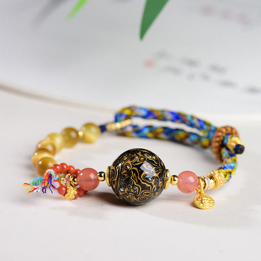 Buddhist Blessing Tibetan  Lacquer Bead Hand-woven Tiger Eye Stone Protection Bracelet