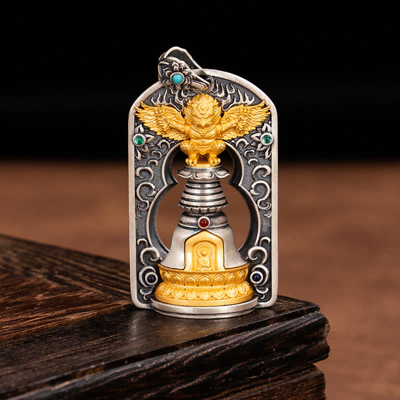 Buddhist Blessing 925 Sterling Silver Tibetan Garuda Bird Vajra Dorje Bell Protection Necklace Pendant