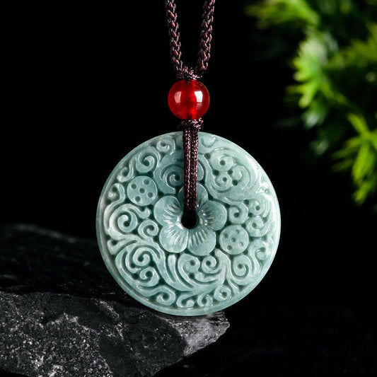 Buddhist Blessing Green Jade Flower Carved Peace Buckle Abundance Necklace Pendant