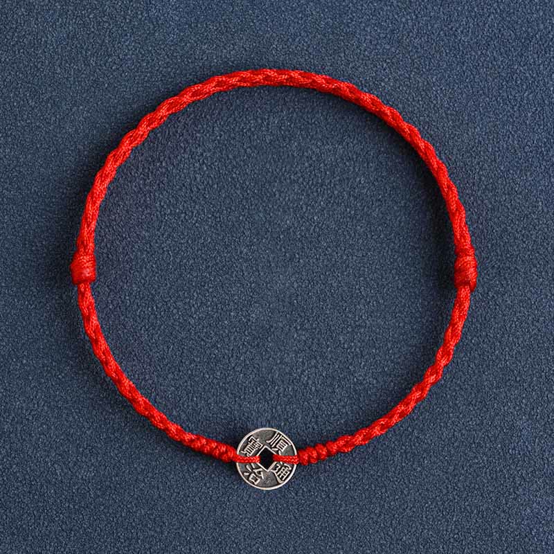 Buddhist Blessing 925 Sterling Silver Five Emperor Coins Red String Protection Luck Braided Bracelet Anklet