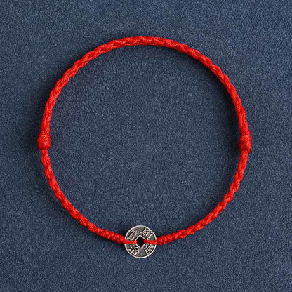 Buddhist Blessing 925 Sterling Silver Five Emperor Coins Red String Protection Luck Braided Bracelet Anklet