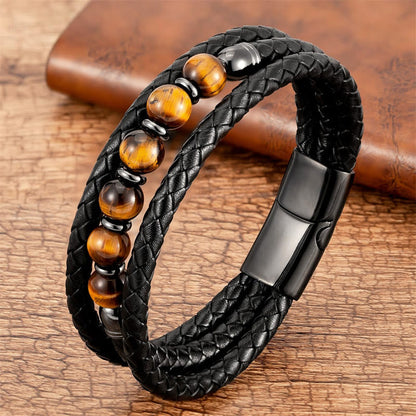 Buddhist Blessing Tiger Eye Lava Rock Hematite Black Onyx Bead Positive Leather Bracelet