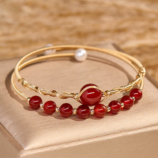 Buddhist Blessing 14K Gold Filled Copper Natural Red Agate Beads Confidence Metal Cuff Bracelet Bangle