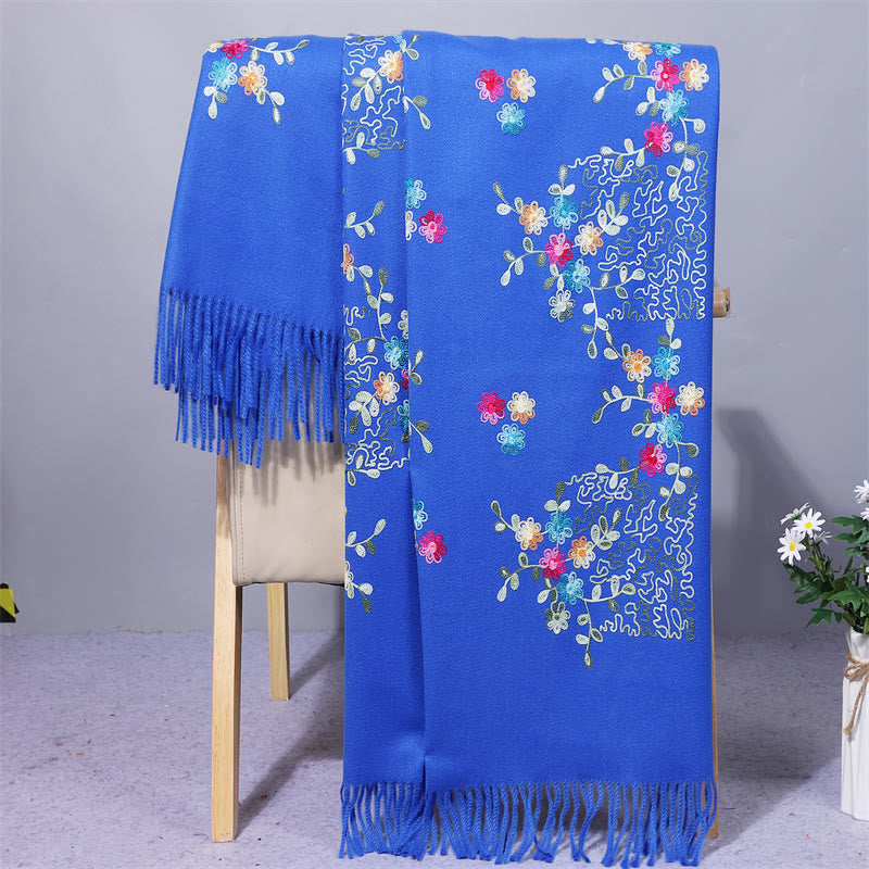 Buddhist Blessing Rayon Fabric Shawl Colorful Small Flowers Embroidery Tassel Winter Cozy Travel Scarf Wrap