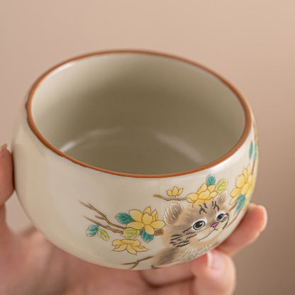 Buddhist Blessing Cute Cat Yellow Flowers Rabbit Teacup Kung Fu Tea Cup