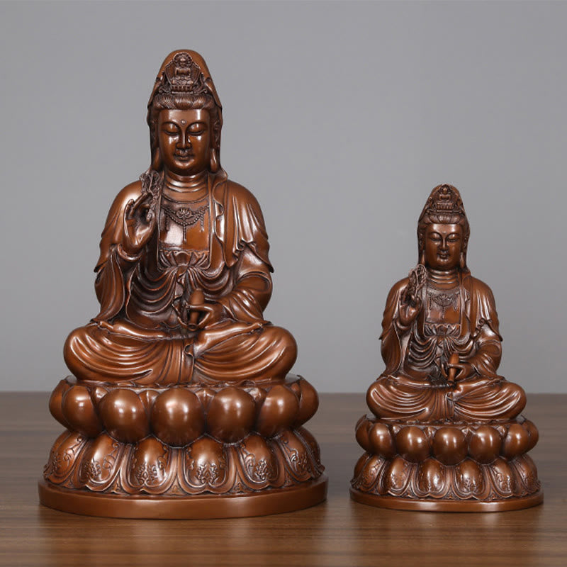 Buddhist Blessing Kwan Yin Avalokitesvara Lotus Wealth Copper Statue Home Desk Decoration