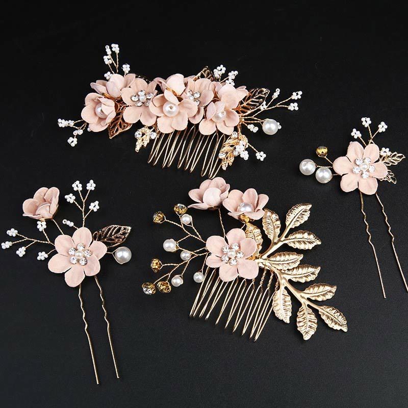 Buddhist Blessing 4Pcs Handmade Wedding Golden Leaf Flower Pearl Hairpin Hair Comb Set