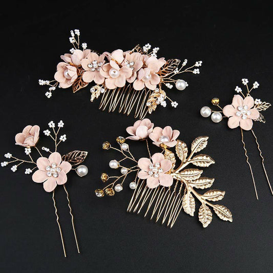 Buddhist Blessing 4Pcs Handmade Wedding Golden Leaf Flower Pearl Hairpin Hair Comb Set