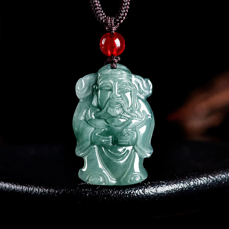 Buddhist Blessing Natural Green Jade Chinese God of Wealth Caishen Ingot Abundance Necklace Pendant