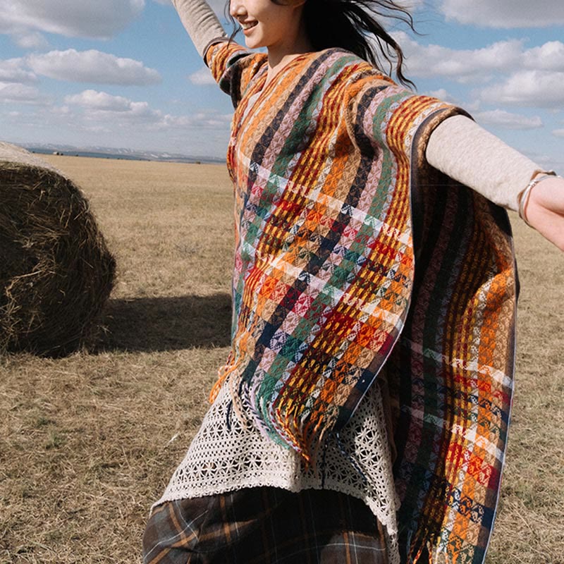 Buddhist Blessing Tibetan Colorful Stripe Geometry Tassels Shawl Fall Winter Soft Scarf Wrap