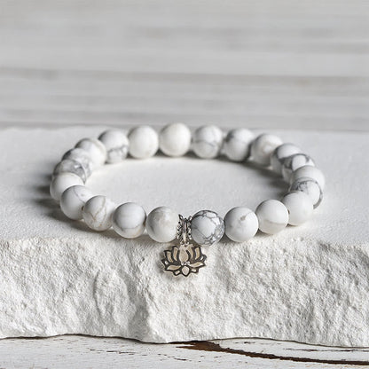 Buddhist Blessing 925 Sterling Silver Lotus Design Natural White Turquoise Wealth Bracelet