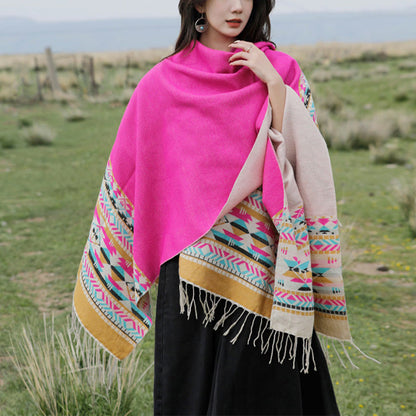 Buddhist Blessing Tibetan Geometric Rhombus Pattern Tassels Shawl Fall Winter Warm Cozy Scarf Wrap