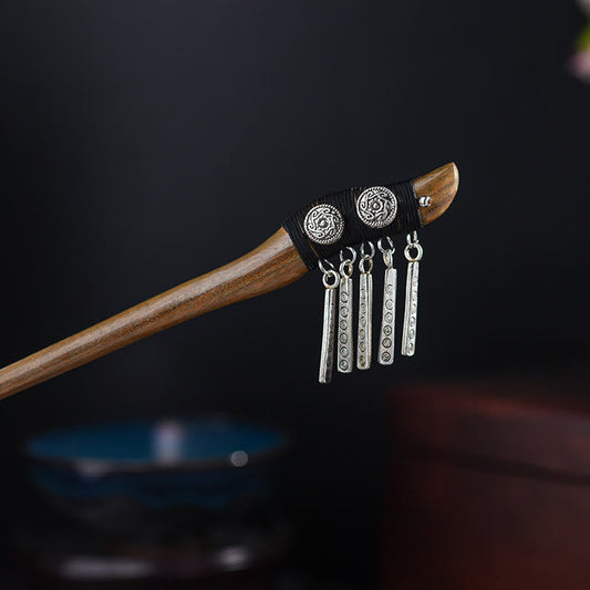 Buddhist Blessing Silver Tassel Green Sandalwood Soothing Hairpin