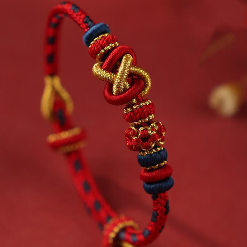 Buddhist Blessing Handcrafted Peach Blossom Peace Knot Colorful Rope Adjustable Bracelet