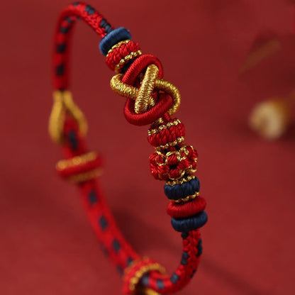 Buddhist Blessing Handcrafted Peach Blossom Peace Knot Colorful Rope Adjustable Bracelet