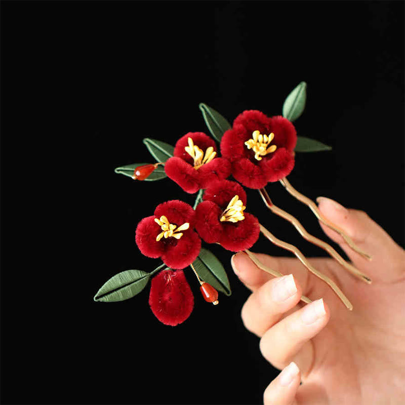 Buddhist Blessing Classical Chinese Style Red Flower Blue Butterfly Hairpin Hair Clip Hair Comb Barrette
