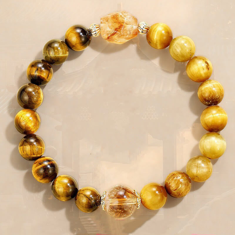 Buddhist Blessing Natural Yellow Black Tiger Eye Citrine Strength Bracelet
