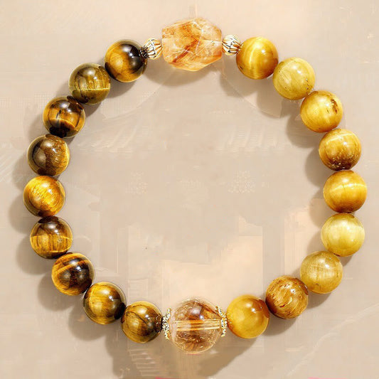 Buddhist Blessing Natural Yellow Black Tiger Eye Citrine Strength Bracelet