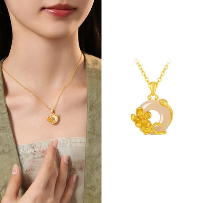 Buddhist Blessing Chalcedony 925 Sterling Silver Peace Buckle Flowers Necklace Pendant