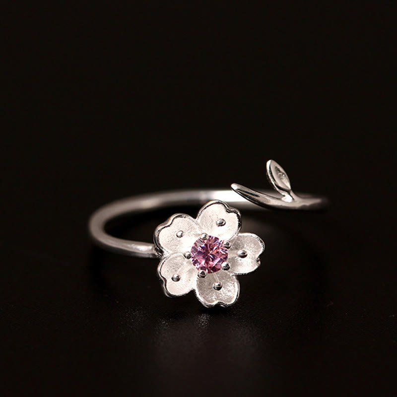 Buddhist Blessing 925 Sterling Silver Cherry Blossom Sakura Flower Blessing Adjustable Ring