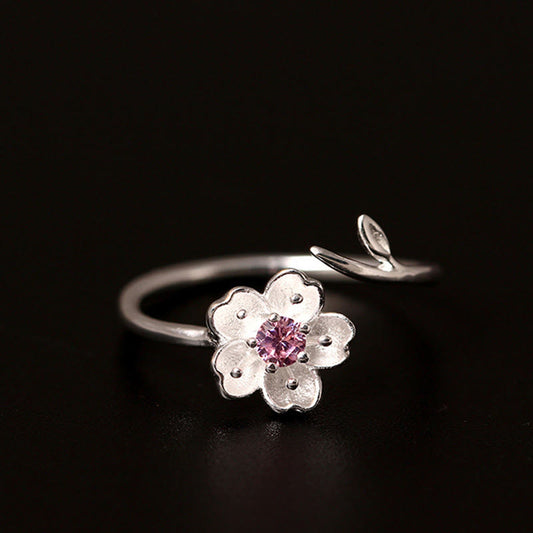 Buddhist Blessing 925 Sterling Silver Cherry Blossom Sakura Flower Blessing Adjustable Ring