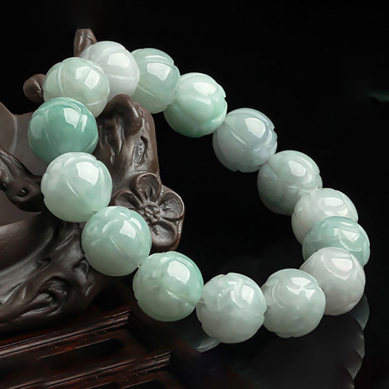 Buddhist Blessing Natural Jade Lotus Carving Prosperity Bracelet