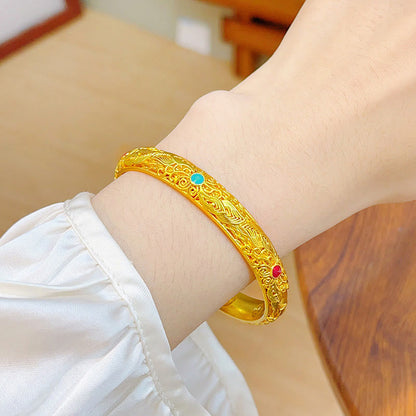 Buddhist Blessing Copper Plated Gold Flowers Leaves Luck Bracelet Bangle