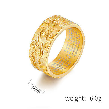 Buddhist Blessing Auspicious Clouds Engraved Heart Sutra Pattern Titanium Steel Calm Ring