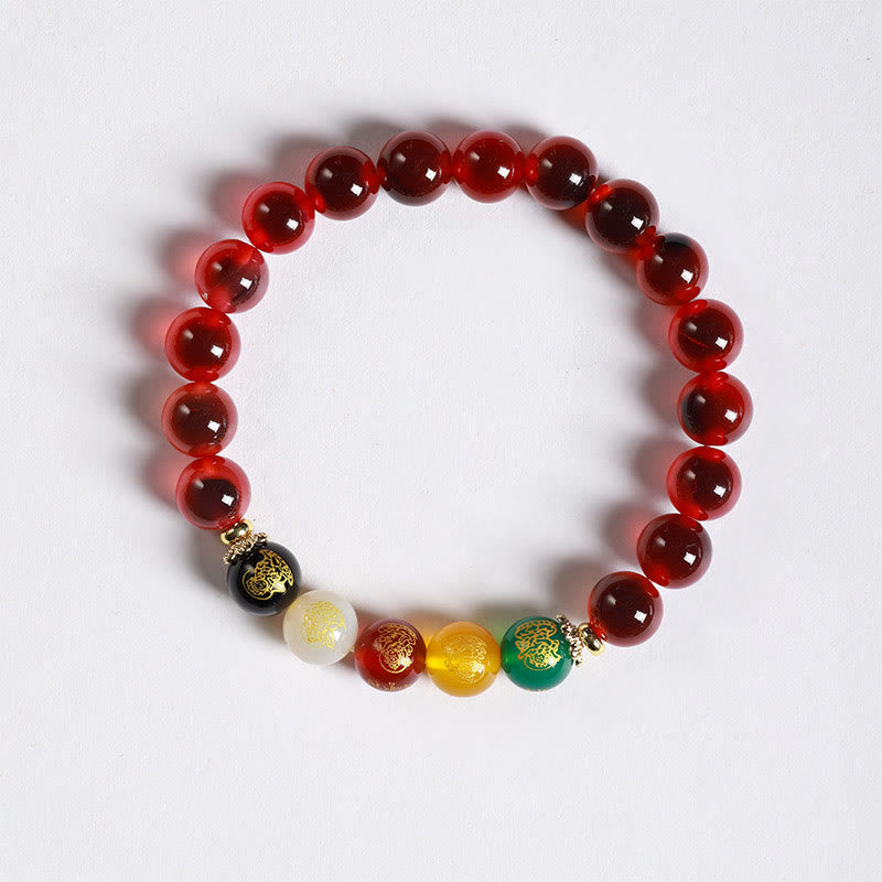 Buddhist Blessing Natural Colorful Candy Agate Five Gods Of Wealth Harmony Bracelet