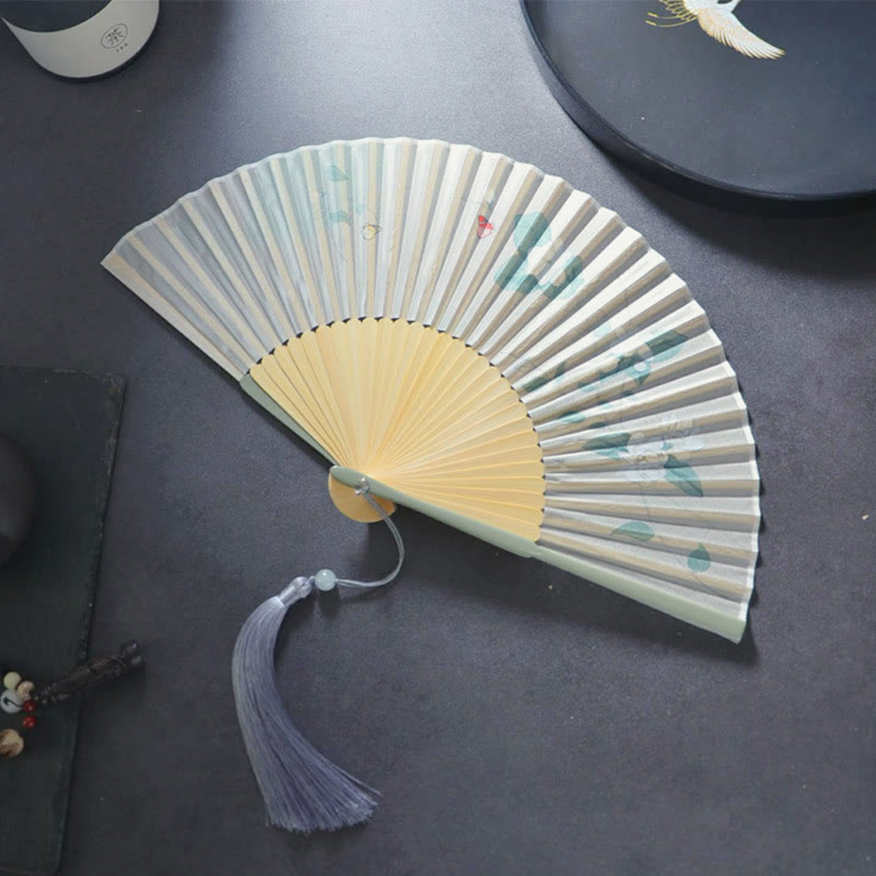 Buddhist Blessing Gardenia Cherry Blossom Moon Handheld Polyester Bamboo Folding Fan 21cm