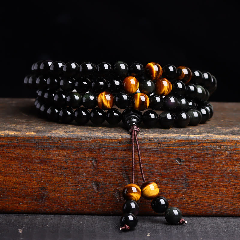 Buddhist Blessing 108 Mala Beads Black Obsidian lce Obsidian Fulfilment Bracelet