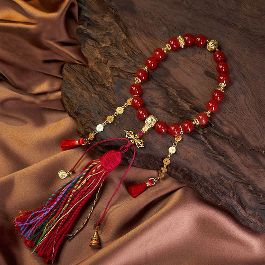 Buddhist Blessing 18 Beads Copper Coins Tibet Tassel Red Agate Calm Wrist Mala
