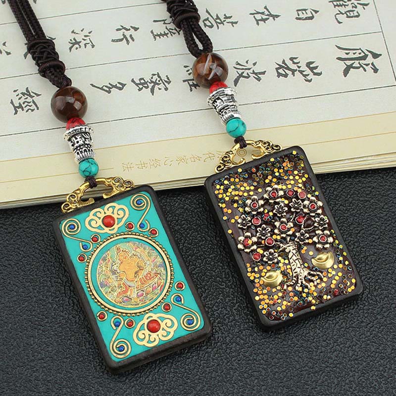 Buddhist Blessing Tibet God Of Wealth Money Tree Golden Phoenix Thangka Ebony Peace Necklace Pendant