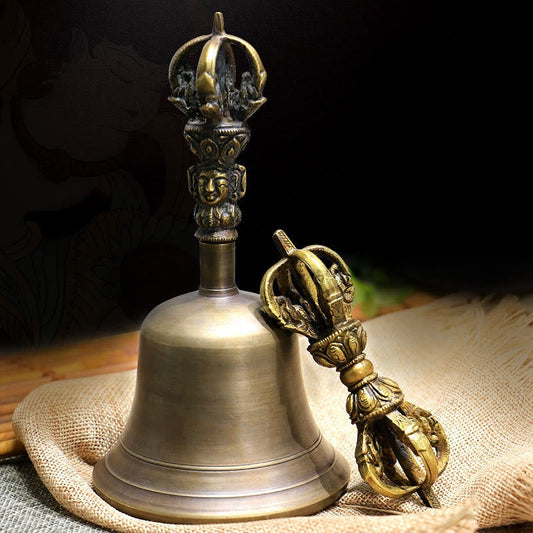 Buddhist Blessing 2Pcs Handmade Tibetan Meditation Bell and Vajra Dorje Copper Strength Decoration Set