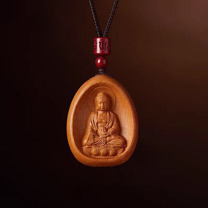 Buddhist Blessing Peach Wood Cinnabar Om Mani Padme Hum Chinese Zodiac Black String Necklace Pendants