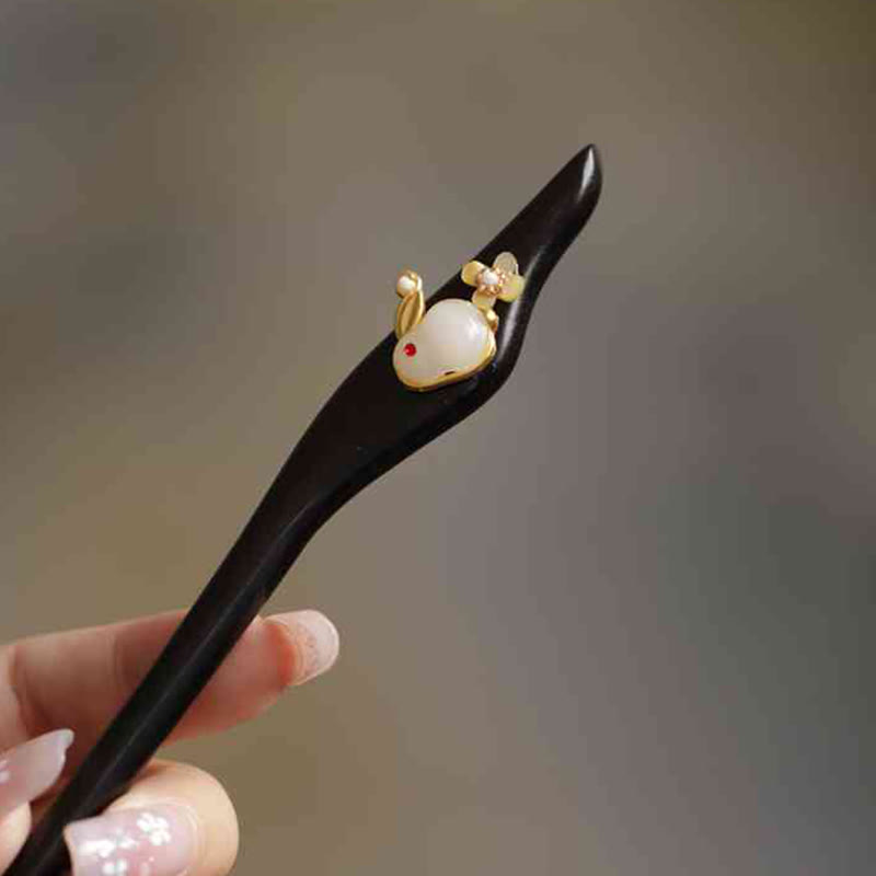 Buddhist Blessing Auspicious Cloud Sandalwood Rabbit Protection Hairpin