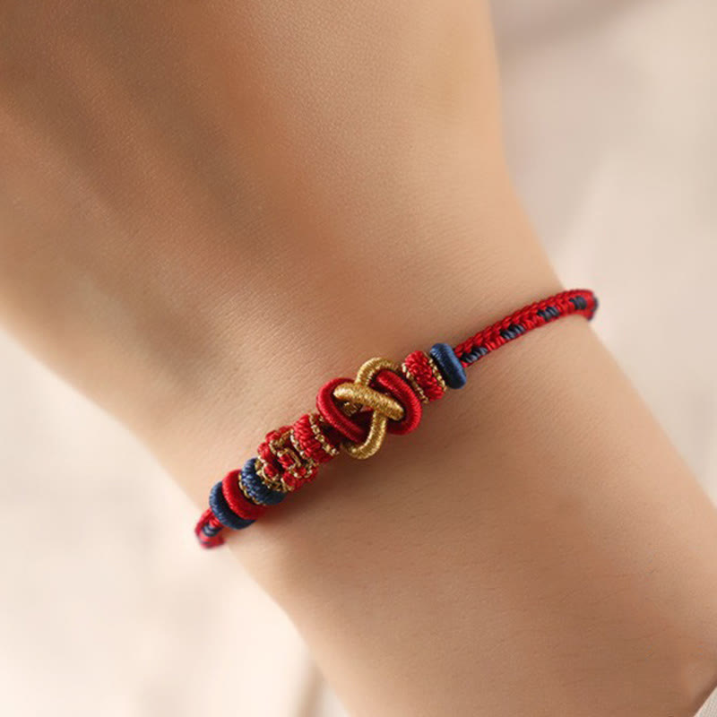 Buddhist Blessing Handcrafted Peach Blossom Peace Knot Colorful Rope Adjustable Bracelet
