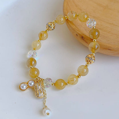 Buddhist Blessing Sun Stone Colorful Rutilated Quartz Wealth Peanut Charm Bracelet