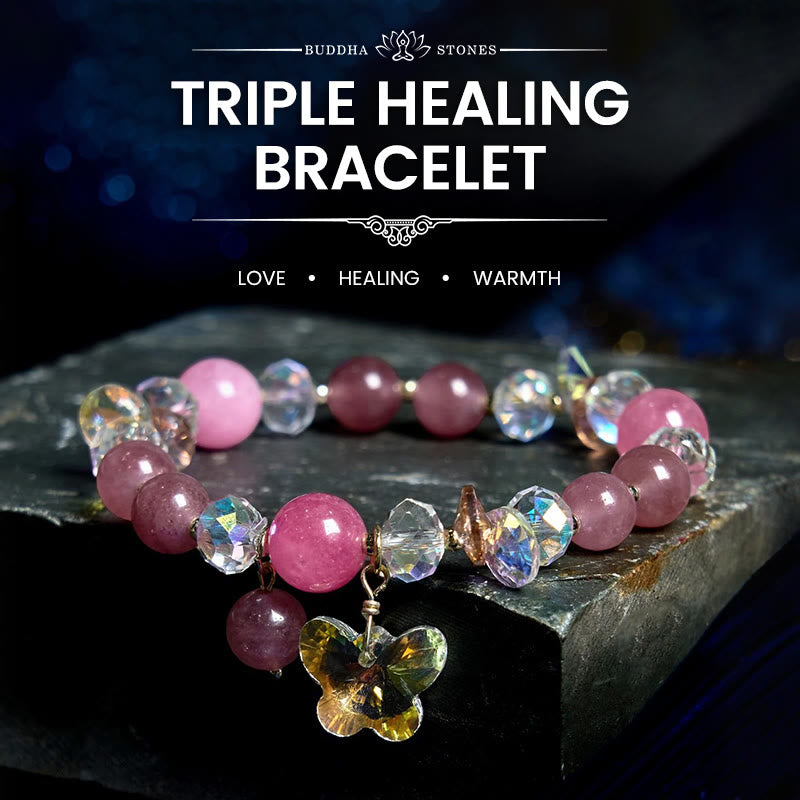 Buddhist Blessing Strawberry Quartz White Crystal Pink Crystal Butterfly Love Bracelet