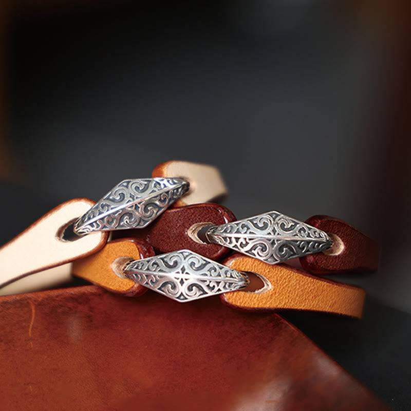 Buddhist Blessing 925 Sterling Silver Leather Multi-turn Protection Bracelet