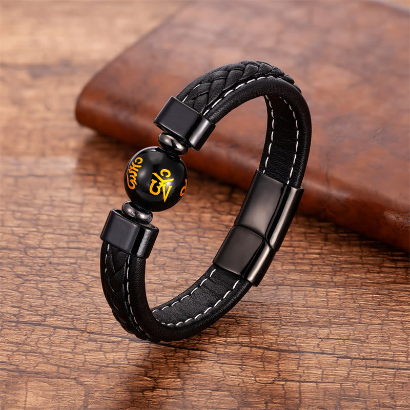 Buddhist Blessing Lazurite Black Onyx Tiger Eye Lava Rock Om Mani Padme Hum Serenity Leather Bracelet