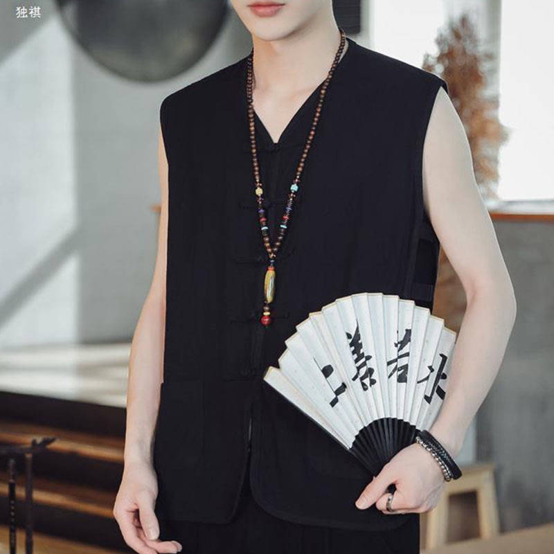 Buddhist Blessing Casual Chinese Frog-Button Men's Cotton Vest Waistcoat With Pockets