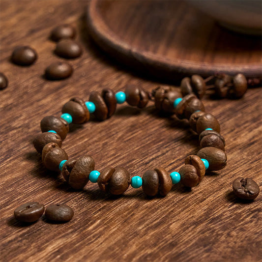 Buddhist Blessing Handmade Natural Coffee Beans Turquoise Beads Bracelet