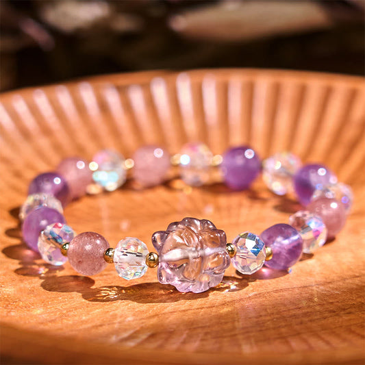 Buddhist Blessing Amethyst Strawberry Quartz White Crystal Nine Tailed Fox Meditation Bracelet