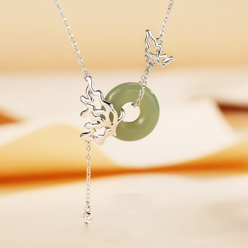 Buddhist Blessing 925 Sterling Silver Natural Hetian Jade Peace Buckle Butterfly Abundance Necklace Pendant