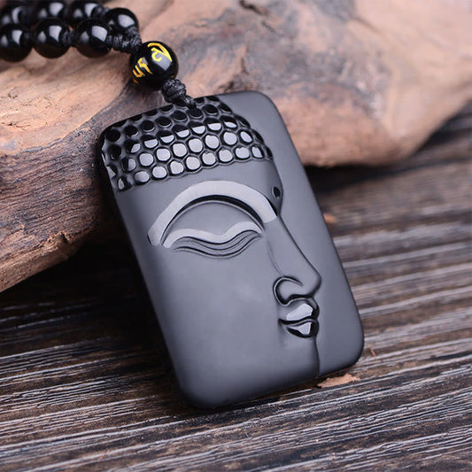 Buddhist Blessing Natural Black Obsidian Buddha Prayer Purification Luck Pendant Necklace