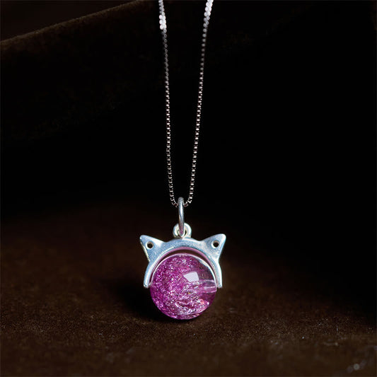 Buddhist Blessing 925 Sterling Silver Natural Light Purple Fireworks Super Seven Crystal Cat Necklace Pendant