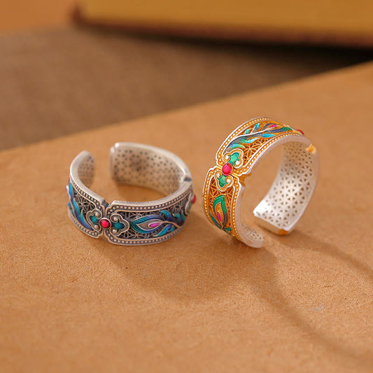 Buddhist Blessing 999 Sterling Silver Enamel Feather Design Adjustable Calm Ring